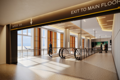 Architectural rendering of a modern airport connector corridor featuring moving walkways, floor-to-ceiling windows showing an airplane on the tarmac, overhead directional signage reading "EXIT TO MAIN FLOOR" and "GATE G1 - G19," and colorful vertical wall accents.